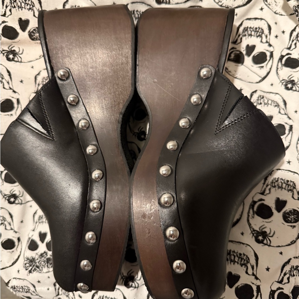 J. Crew Black Leather Mules with Silver Accents